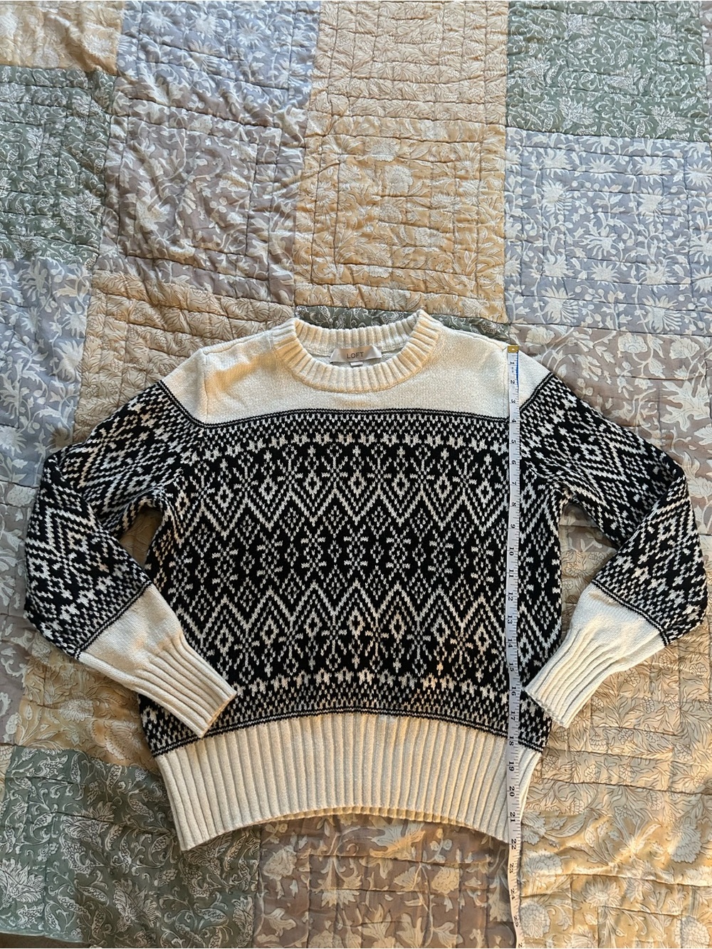LOFT Black and Cream Fair Isle Crewneck Sweater